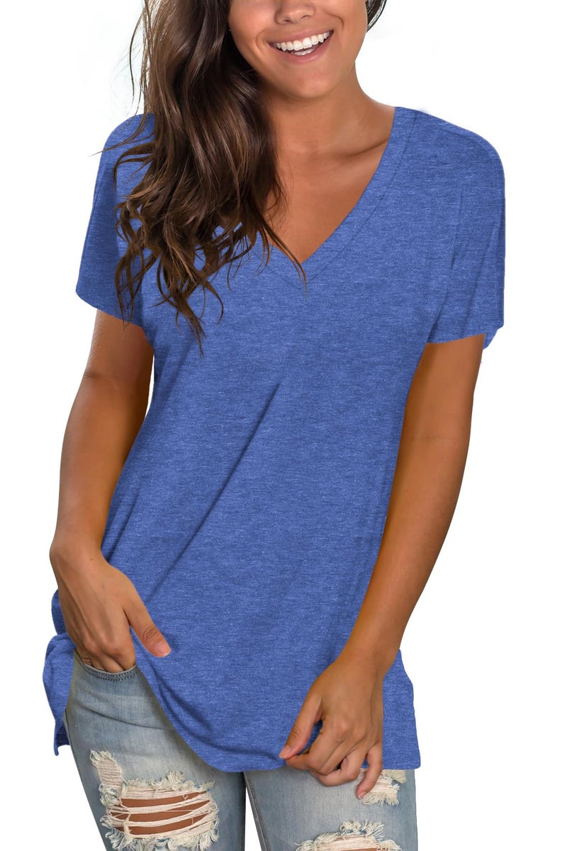 Sipaya Women V Neck Short Sleeve T Shirt Solid Color Summer Casual Tops 2026 Blue XL - Image 1